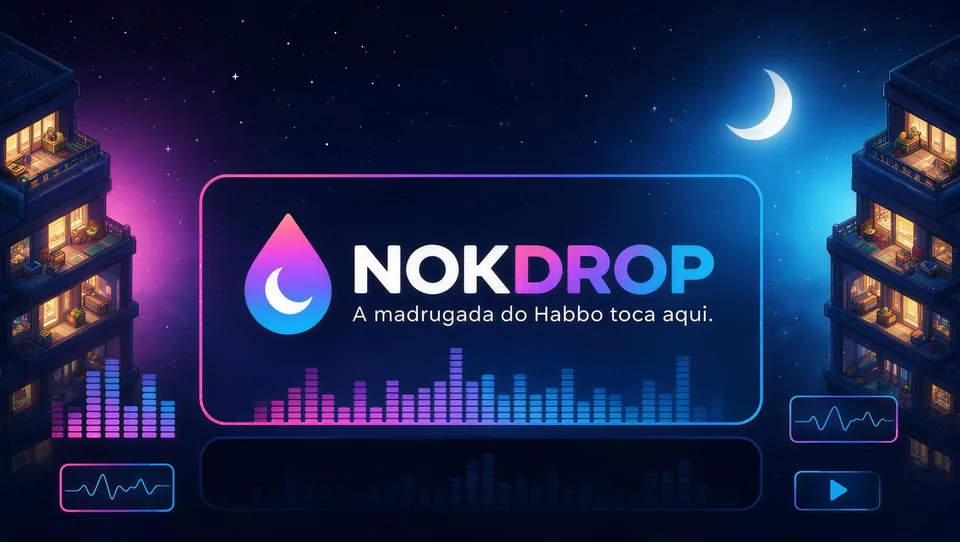 Logo da NokDrop num card de vidro entre prédios do hotel