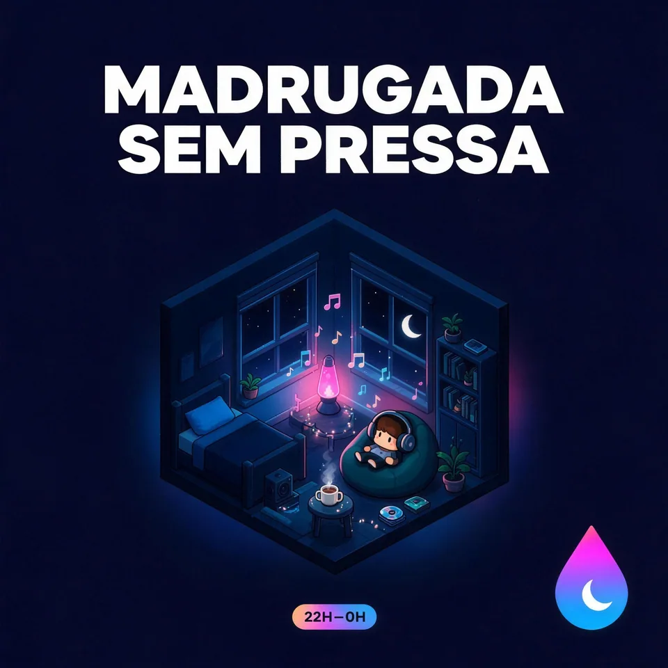 Capa do programa Madrugada Sem Pressa: quarto aconchegante com a lua na janela