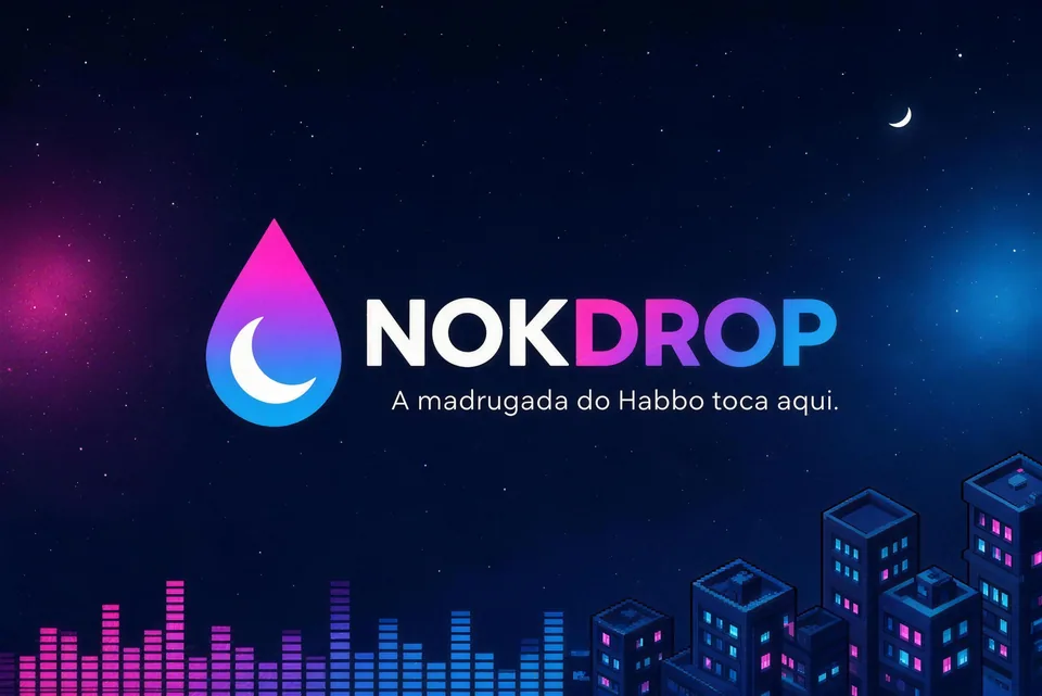 Logo da NokDrop sobre o céu estrelado com prédios em pixel art