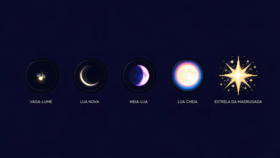 Emblemas Vaga-lume, Lua Nova, Meia-Lua, Lua Cheia e Estrela da Madrugada
