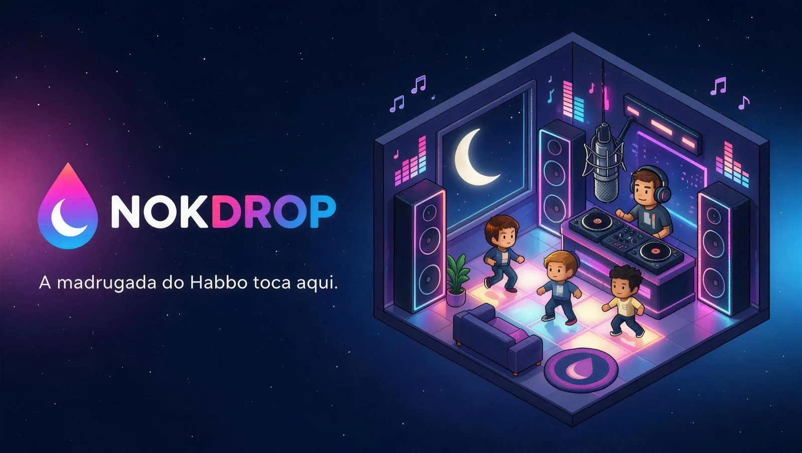 Estúdio da NokDrop em pixel art: locutor no microfone e a galera dançando na pista