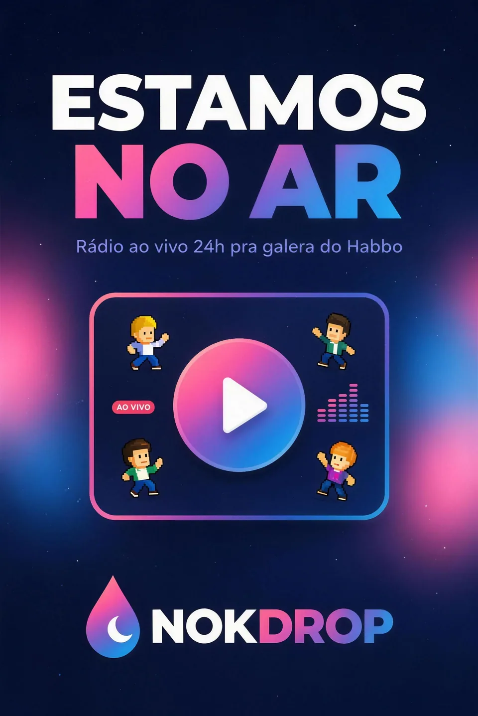Post Estamos no ar com botão de play e avatares em pixel art