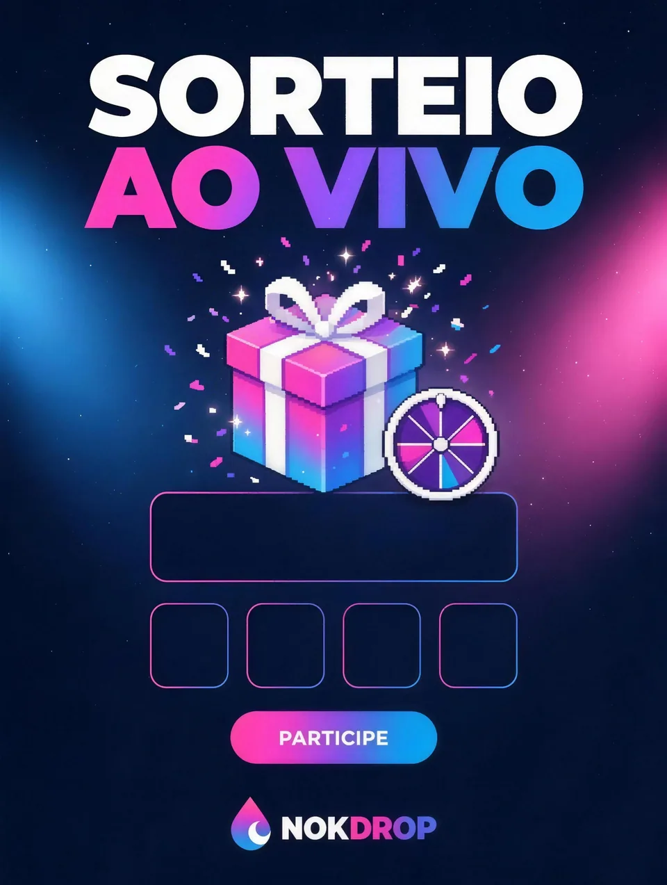 Post Sorteio ao vivo com presente em pixel art e espaços para o prêmio