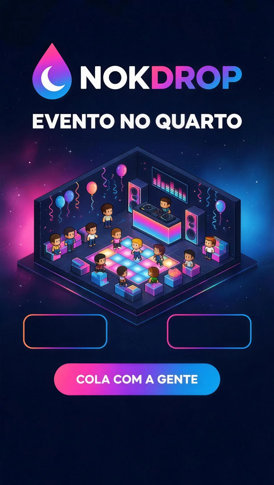 Story Evento no quarto com festa em pixel art e espaços para data e quarto