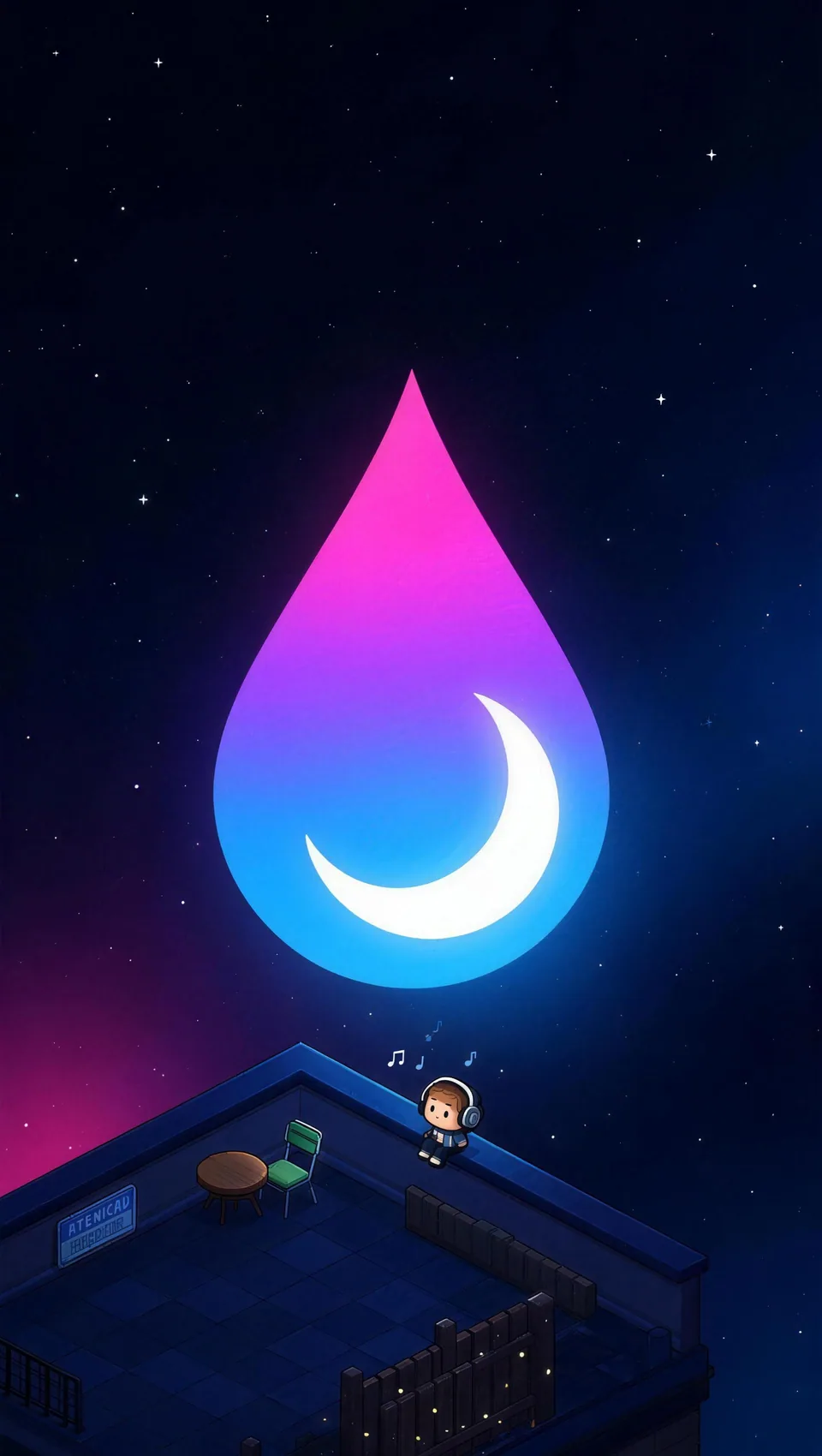 Gota da NokDrop no céu e um avatar ouvindo música no telhado
